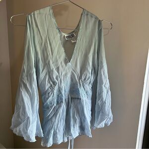 100% Silk Robbie Bee Baby Blue Embroidered V-Neck Peplum Blouse with tie waist
